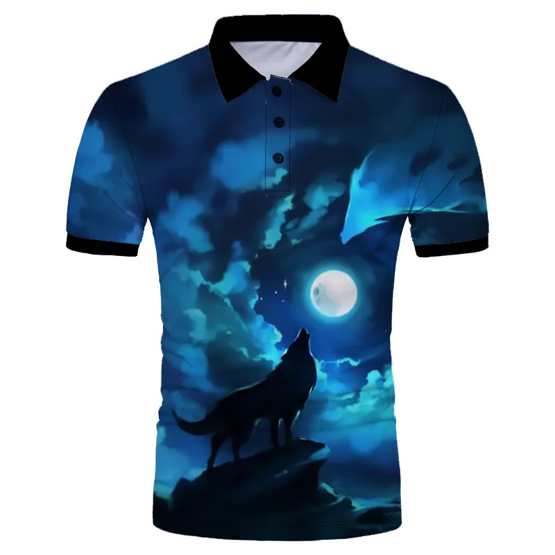 

Fun night sky screaming wolf print 3D wolf polo shirt Asia Size
