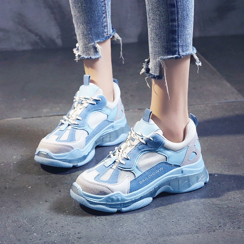 

2019 Women Chunky Sneakers Blue PU+Mesh Breathable Thick Sole Casual Shoes Ladies Platform Shoes zapatillas mujer 8878w