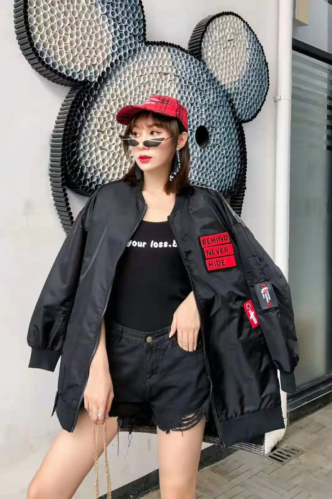 QING MO Fashion Brand Black Women Winter Coat Women Plaid Patchwork Coat Female Letter Printed Outwear Oversized ZQY2267