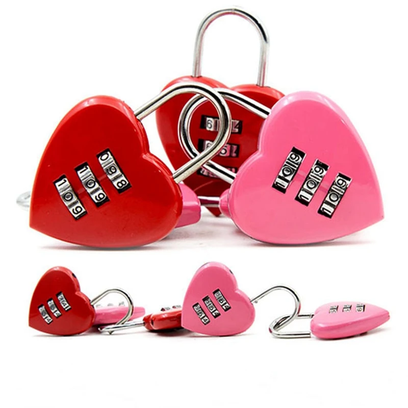 Mini Cute 3 Digits Luggage Suitcase Padlock Coded Lock Red Heart Shaped Nice padLock Lovers Backpack Lock Luggage