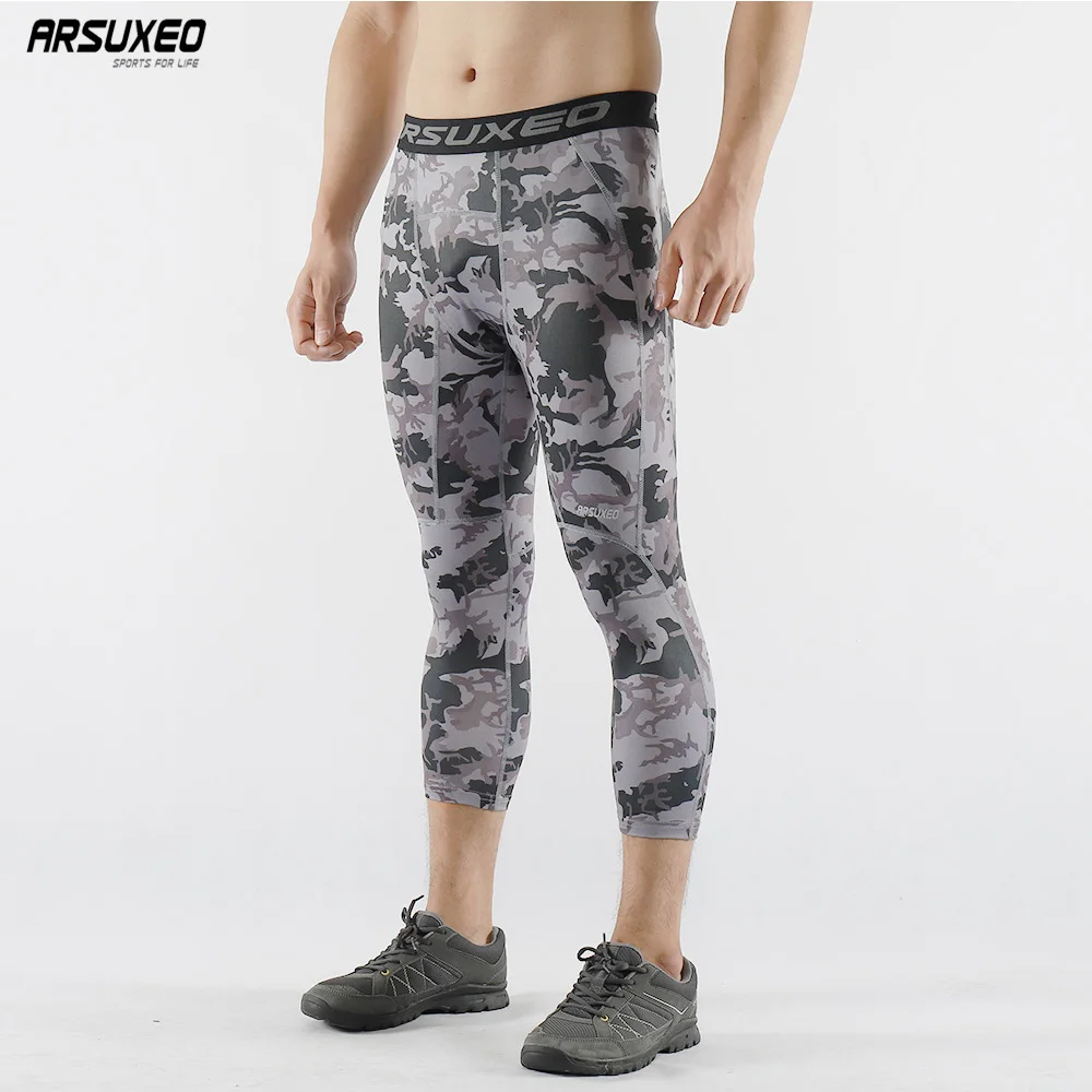 

ARSUXEO Men Leggings Sports Running Tights Base Layer 3/4 Pants Run GYM Fitness Training Pants Quick dry K75