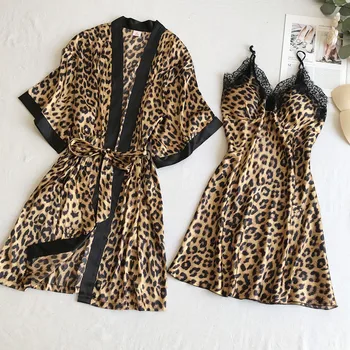 

Fiklyc Pajamas Lace Leopard Sling Nightdress with Chest Pad Two-piece V-neck Ladies Sleeping robes