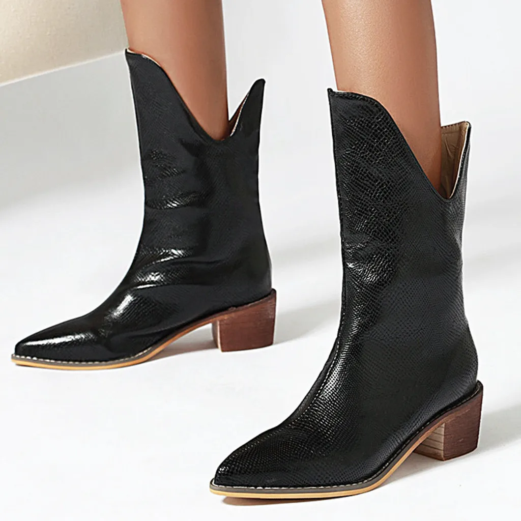 Solid Color Boots Women's Ladies Leisure Rome Large Size Slip-On Square Mid-heel Boot Shoes PU leather Booties zapatos de mujer