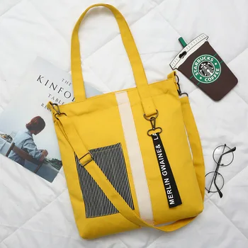 

Stylish Canvas Bag Original Letter Ribbon Women Korean Shopping Bag Girl Patchwork Single Shoulder Bag Leisure Female Totes Bag