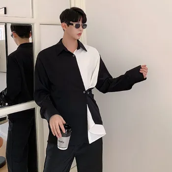 

Men Black White Splice Casual Long Sleeve Casual Shirt Male Women Streetstyle Shirt