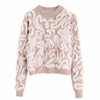 

New women fashion lace appliques basic knitting sweater autumn female o neck casual slim short pullovers chic leisure tops S211