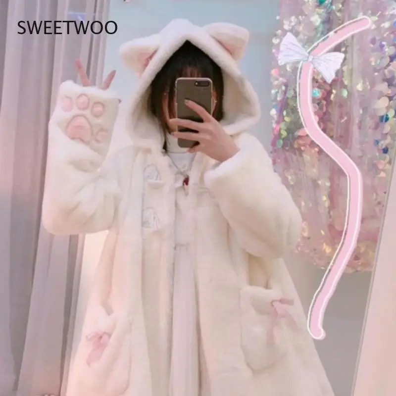 Winter Jacket Women Lolita Fleece-Lined Thickened Girl Soft Fabric Kawaii Cat Ear Hat Claw Cute Plush White Coat Youthful Parka