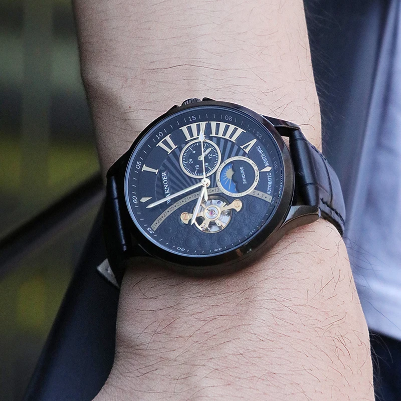 WAKNOER модные автоматические механические тонкие часы мужские роскошные кожаные часы Творческий Луна циферблат дизайн часы Relogio Masculino