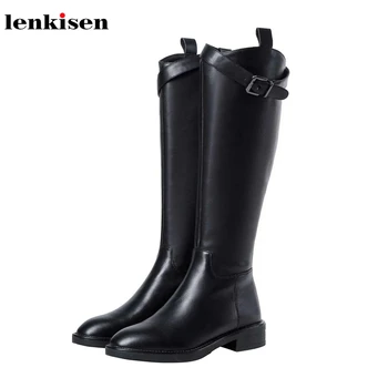 

Lenkisen new fashion buckle straps riding boots genuine leather round toe med heels streetwear winter women knee high boots L6f7