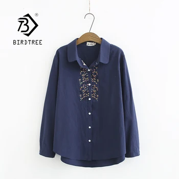 

Autumn Women Floral Embroidery Pockets Cotton Navy Shirt Long Sleeve Casual Blouse Plus Size 4XL Tops Feminina Blusa T06622F
