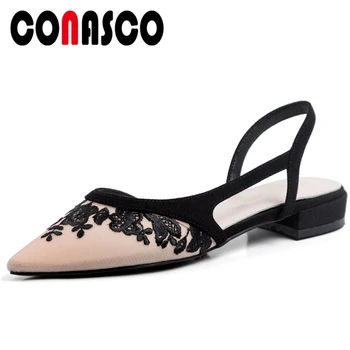 

CONASCO Women Sandals Pumps Summer Fashion Elegant Casual Wedding Kid Suede Embroider Flower Pointed Toe Thick Heels Shoes Woman