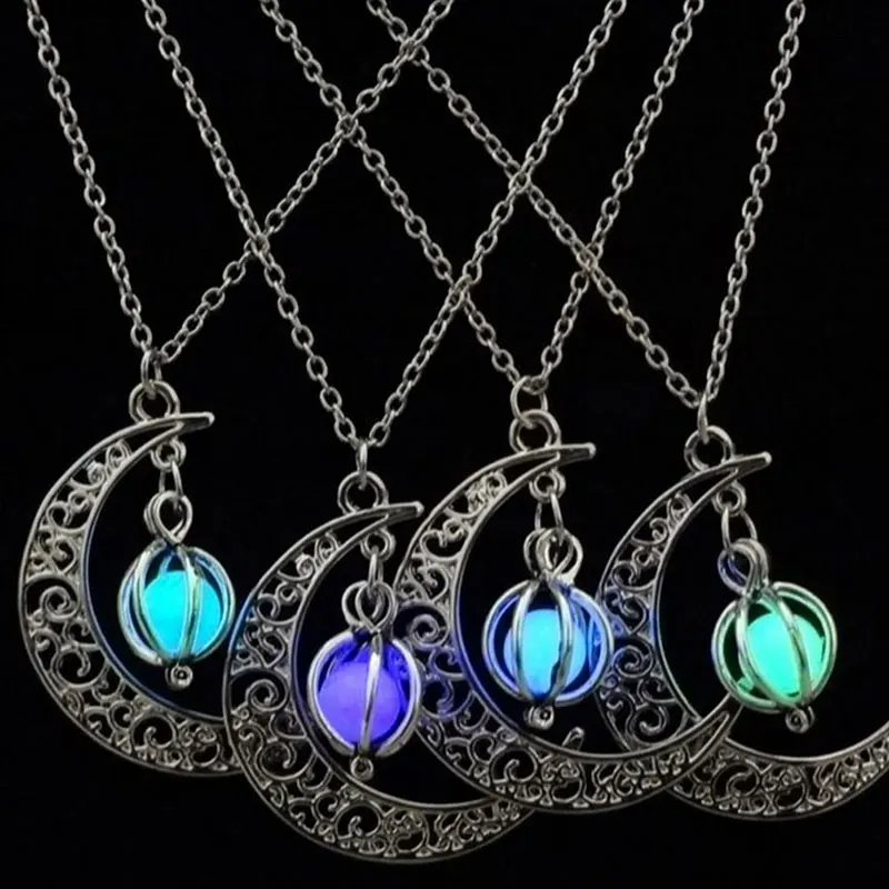 Moon Glowing Necklace Gem Charm Jewelry Plated Pendant Hollow Luminous Stone Pendant Necklace Gifts