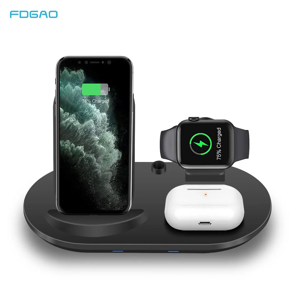 FDGAO 15W Fast Charge Stand 3 In 1 Qi Wireless Charger Dock Station For iPhone 12 11 XS XR X 8 Apple Watch 6 5 4 3 2 Airpods Pro