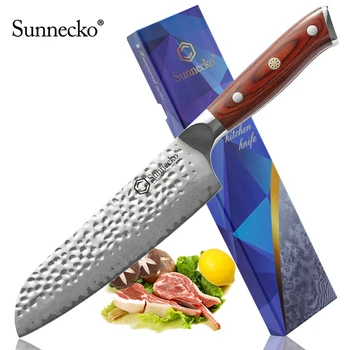 

Sunnecko 7" Damascus Steel Santoku Knife Razor Sharp Blade Multi Layers Japanese VG10 Steel Core Chef Kitchen Knives Wood Handle