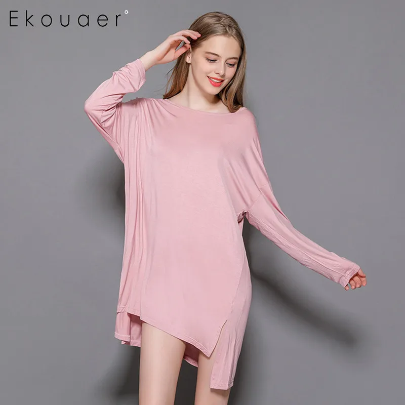 Ekouaer/женское мягкое Ночное платье с длинными рукавами, одежда для сна, свободная Однотонная ночная рубашка, осенне-зимняя ночная рубашка, женские пижамы - Цвет: pink
