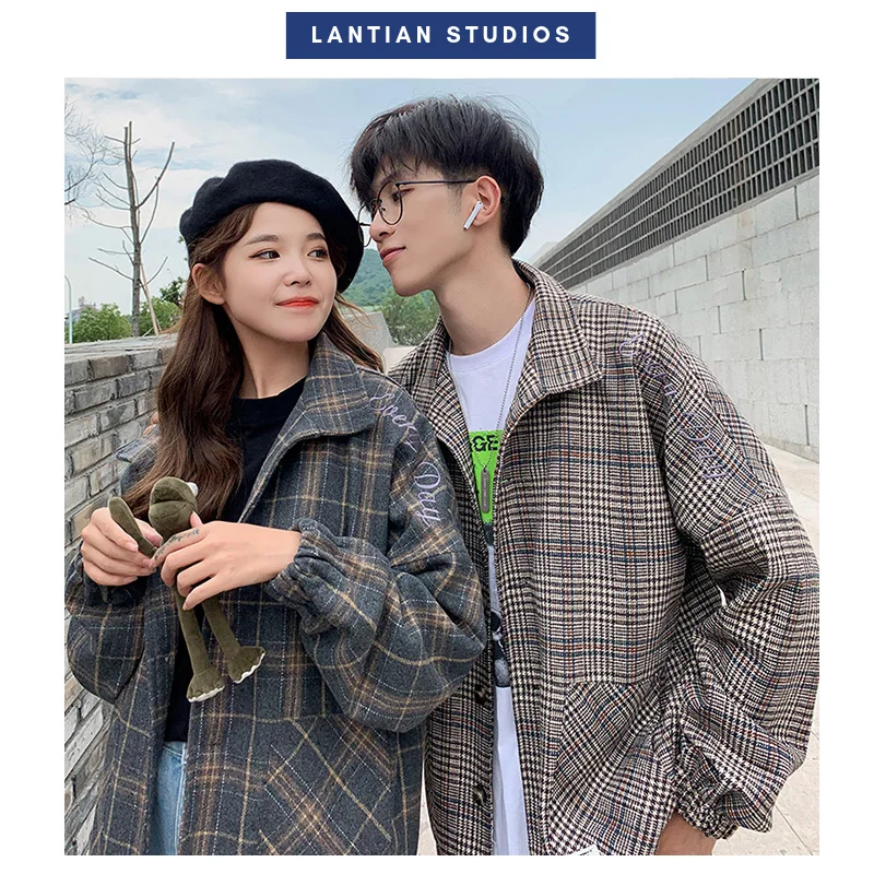 Korean Men Women Plaid Jackets Shoulder Letter Embroidery lovers Coats Autumn Winter Man Jacket Casual Clothes Plus Size