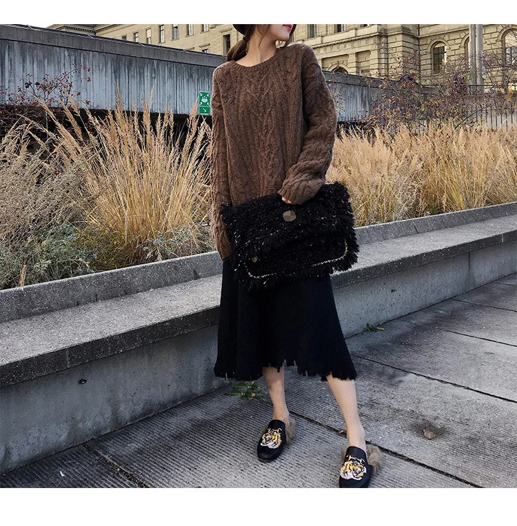 Женская винтажная трикотажная юбка миди с кисточками, Корейская плиссированная Толстая юбка с высокой талией для беременных, зима, P1203