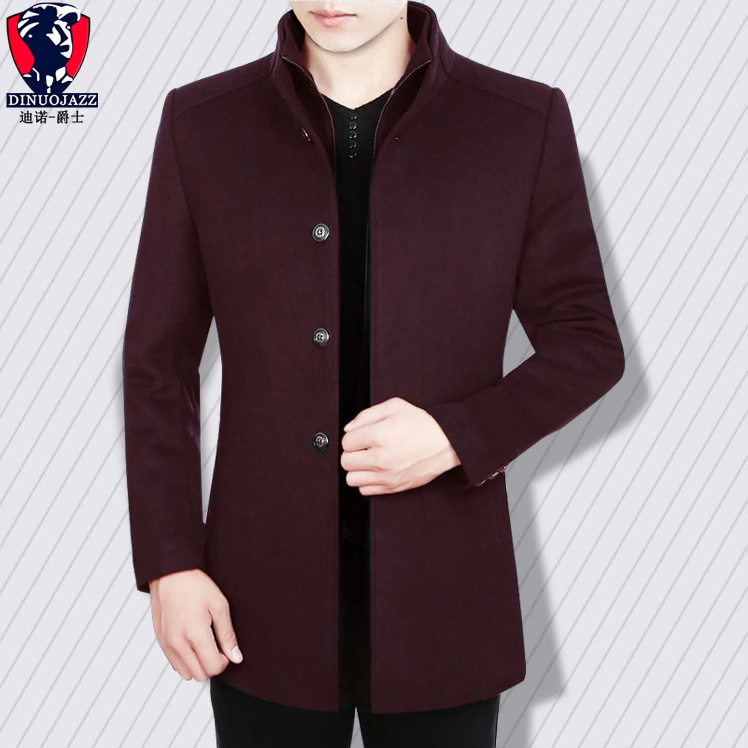 Мужское зимнее шерстяное теплое пальто, один воротник до груди, серый, темно-синий, винный, красный, кашемировый классический мужской топ, одежда - Цвет: wine red man coat