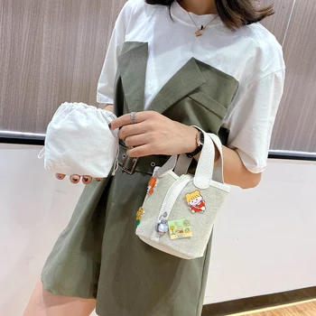 

Cartoon Lovely Canvas Handbag Drawstring Clutch Totes Classic Texture Creative Design Chic Shoulder Bag Composite Set