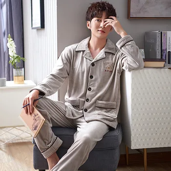 

Pajamas Men's Winter Island Fleece Warmth Thin Flannel Autumn and Winter Plus Fleece Coral Sommeil Tops Pigiama Uomo Dormir Tops