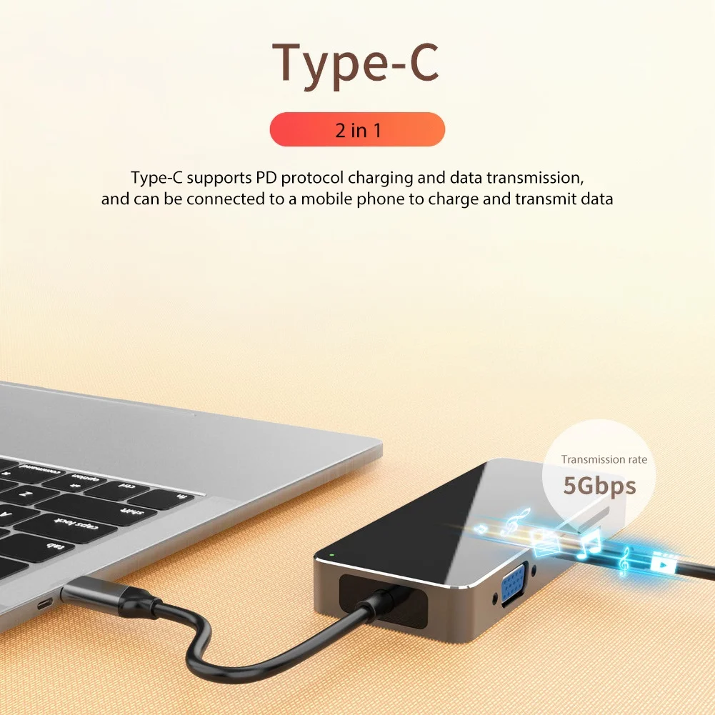  Type-C to USB 3.0 HDMI Micro-SD TF Card Reader VGA Adapter Splitter Dock Hub for MacBook Pro 8 in 1