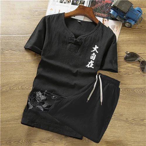 Short-sleeved T-shirt Men V-neck Suit VogueShorts Clothes Summer Clothing Set Button Summer Print Linen Set M-5XL - Цвет: black