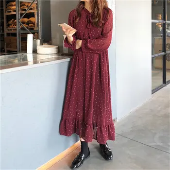 

YAMDI boho Sweet Autumn Chiffon All-Match Ruffles Polka Dots 2019 Retro Loose Stylish Gentle Casual Women Chic A-Line Dresses