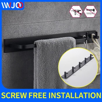 

bathroom towel bars with hook black wall mounted screw free installation Bedroom living room shelves storage towel rack