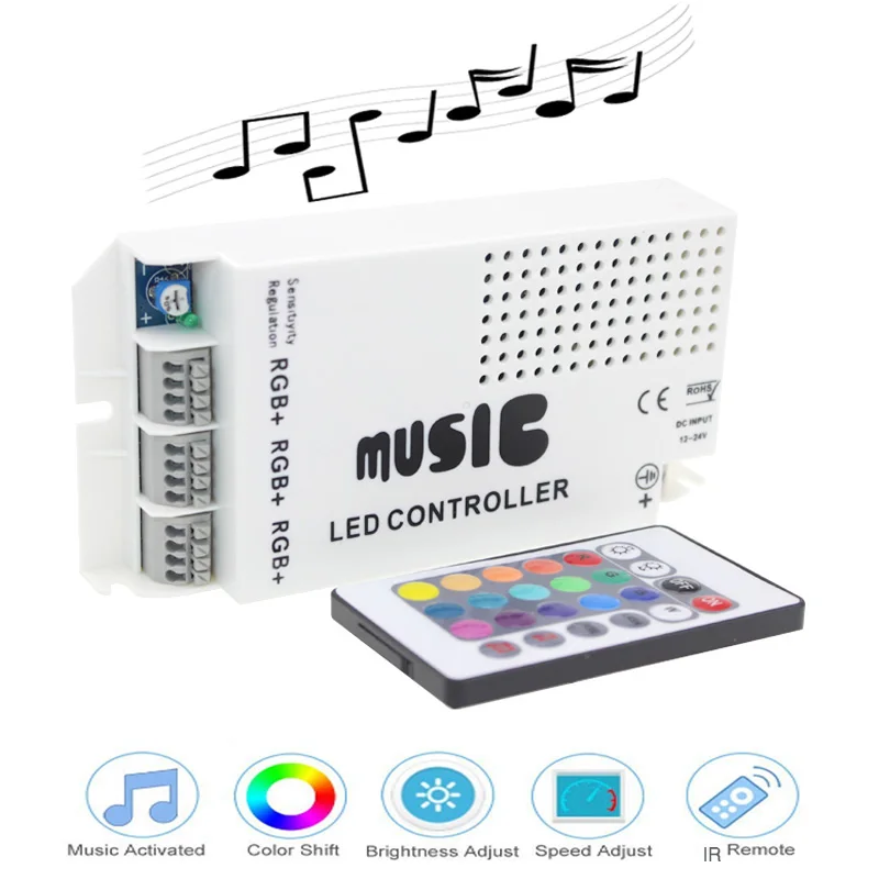 led music RGB controller 12v-24v DC 24key remote infrared IR control sound strip dimmer | Освещение