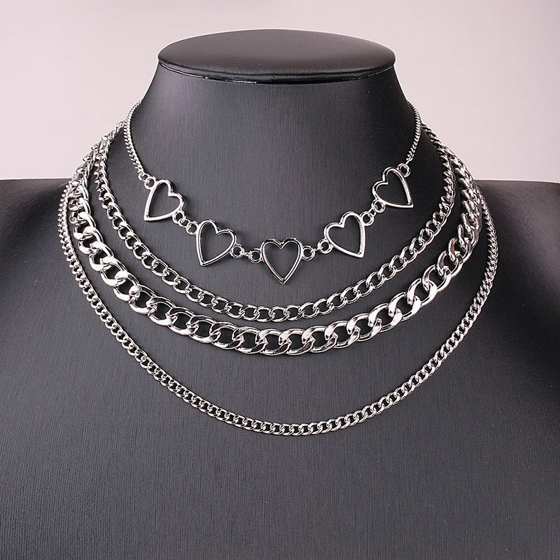 4pcs/Set Multi Layered Heart Chain Collar Choker Necklace for Women Punk Goth Aesthetic Cute Vintage Female Fashion Jewelry