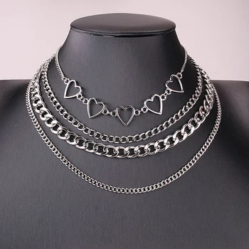 4pcs/Set Multi Layered Heart Chain Collar Choker Necklace for Women Punk Goth Aesthetic Cute Vintage Female Fashion Jewelry