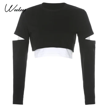 

Weekeep Streetwear Patchwork Autumn Women T-shirt Fashion Long Sleeve Loose Casual Tshirts Female Basic Cotton Tee Tops Harajuku