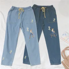 Японские осенние женские джинсы Harajuku стиль милый кактус вышивка подростковые девушки Студенческие дикие эластичный пояс свободные брюки Mori Girl
