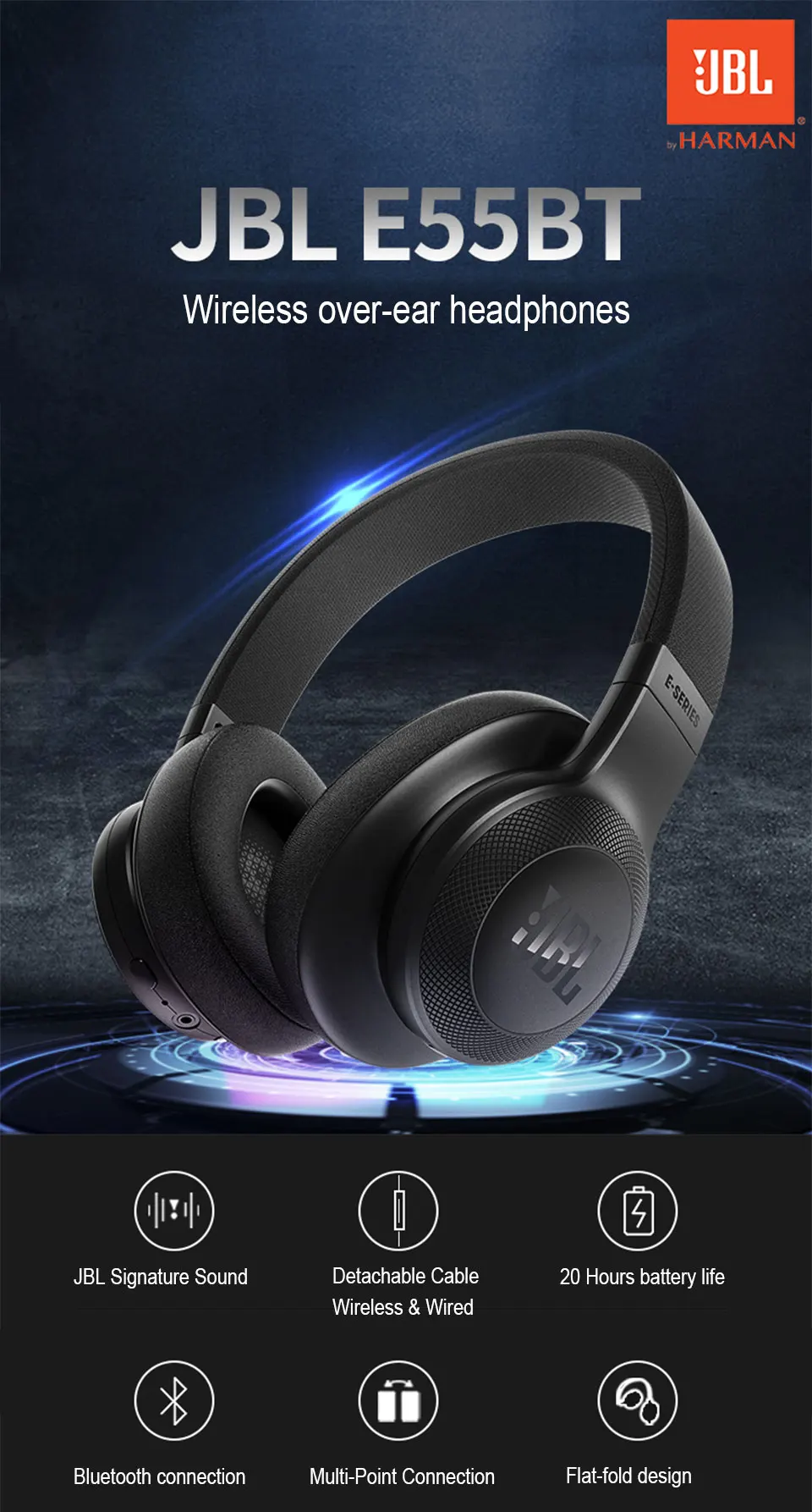 Оригинальная гарнитура JBL E55BT, беспроводная гарнитура Bluetooth, музыкальная гарнитура, портативная гарнитура с микрофоном, HIFI бас, наушники с высокой точностью