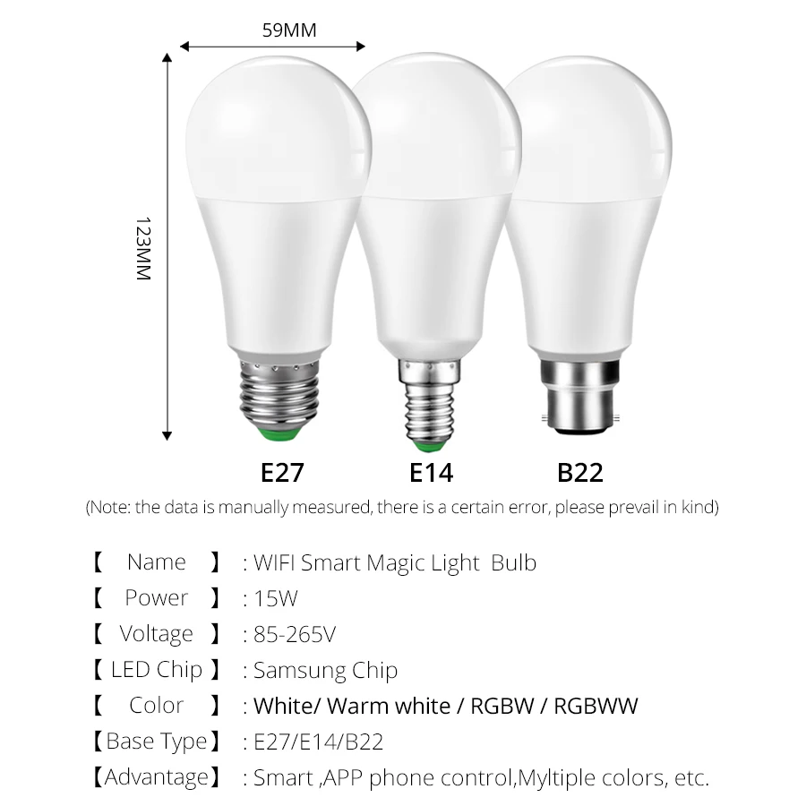85-265 в, 15 Вт, умный светильник с регулируемой яркостью, Wi-Fi, лампа CW WW RGB Alexa, приложение Google Assistant, голосовое управление, E27, E14, B22, интеллектуальная бомба