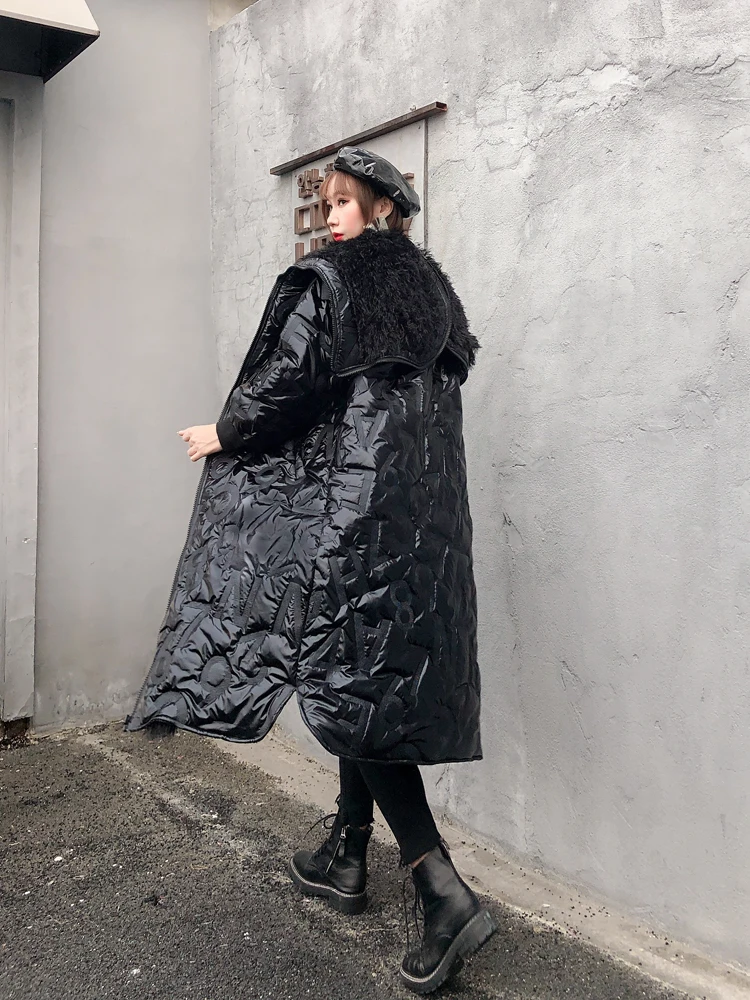 glossy black Зимнее пальто из глянцевой ткани в уличном стиле, плотное теплое пальто из искусственного меха, пальто с капюшоном большого размера, женское длинное плотное теплое хлопковое пальто F622 - Цвет: glossy black