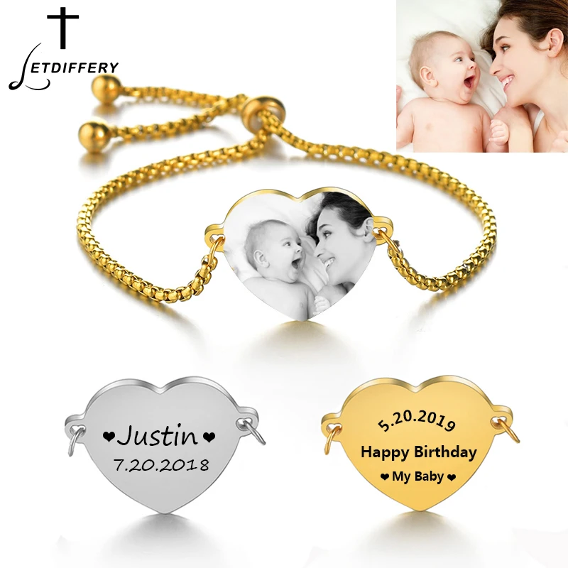 Letdiffery Customized Stainless Steel Heart Bracelet Engrave Baby's Name Birthday Photo Adjustable Personlized Women Jewelry