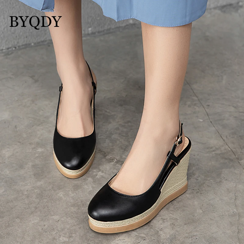 BYQDY Platform Sandals Women 2021 Summer Gladiator Wedges Heels Shoes Round Close Toe Thick Bottom Buckle Strap Roman Footwear | Обувь