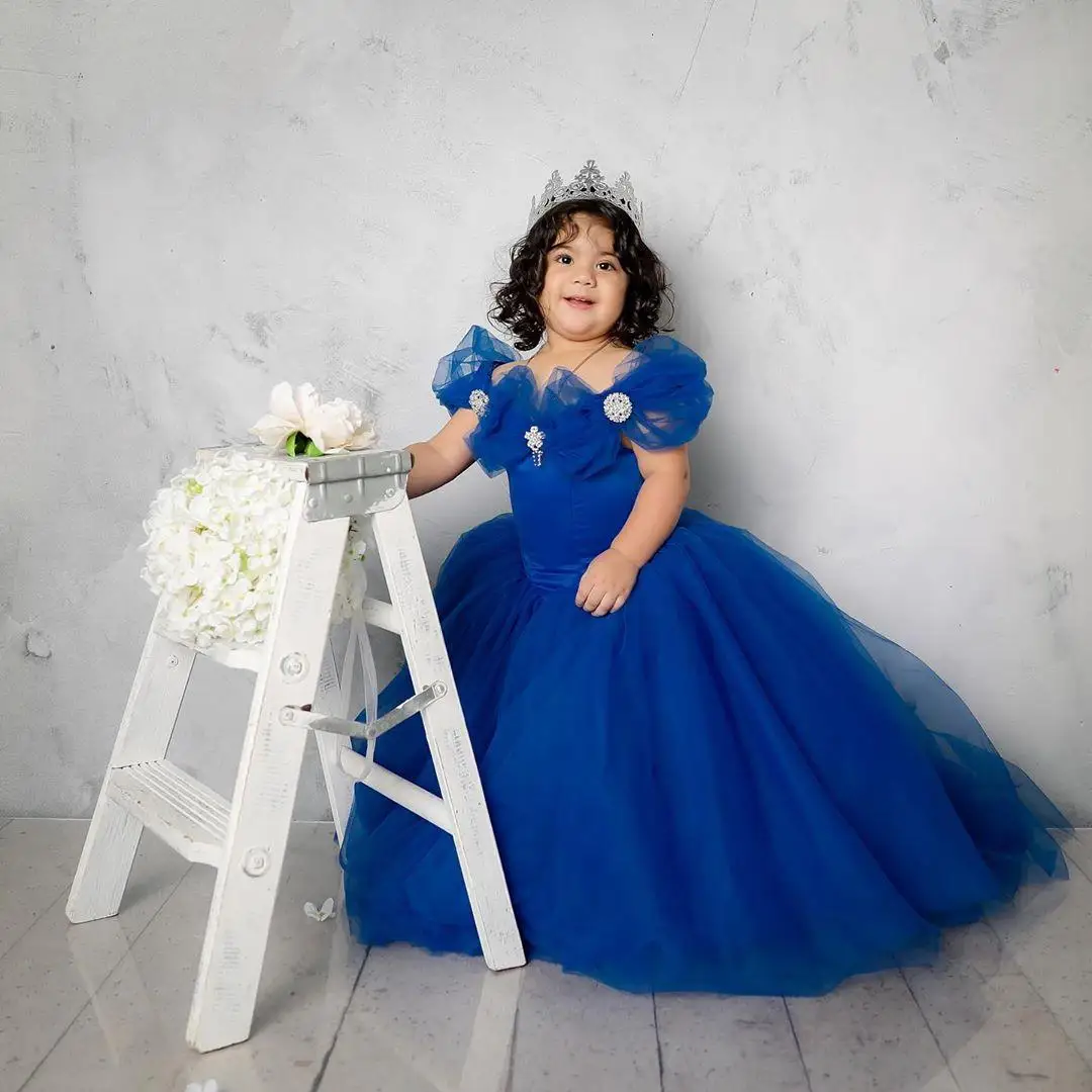 Flower Girl Dresses Pageant Wedding Princess Cinderella Royal Blue Off Shoulder 