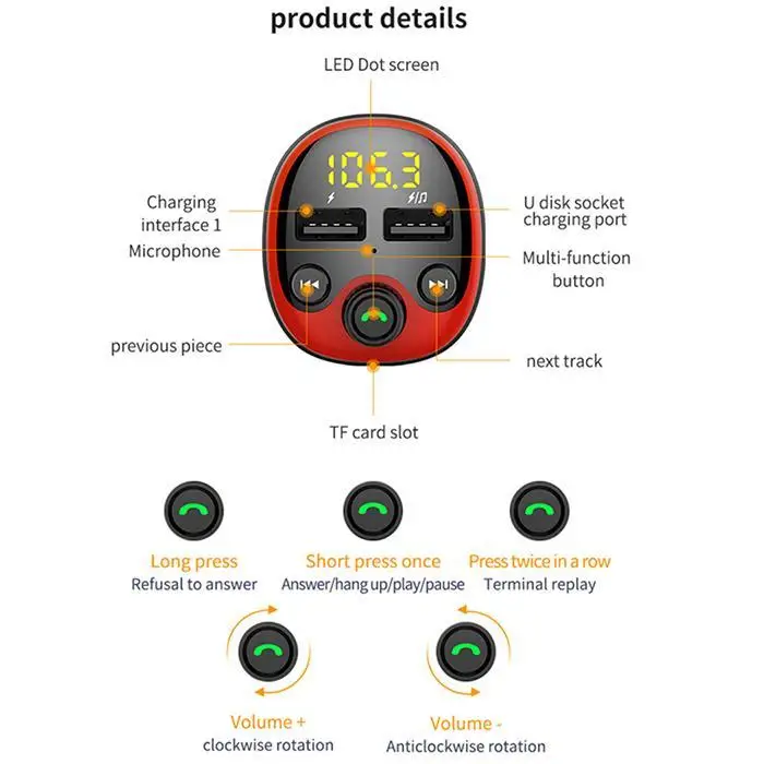 Двойной usb порт Авто прикуриватель Bluetooth 12-24V 3.1A 36g 24 часа 12 V-24 V модели MP3 передатчик