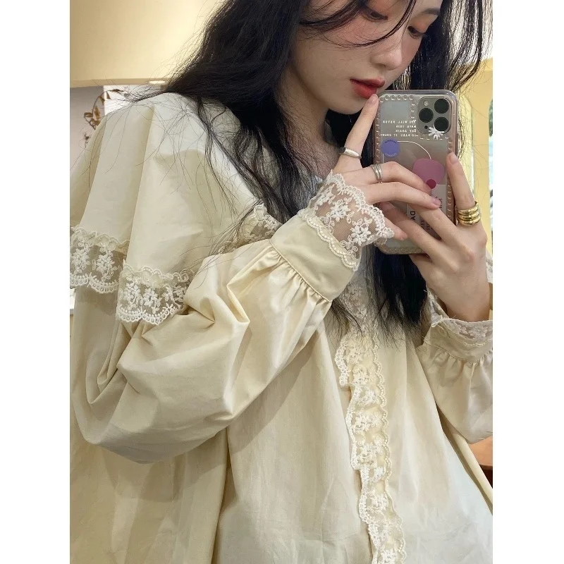 Lace Doll Collar Long-sleeved Shirt Women's Spring Western Style Slimming French Joker Sweet Instafamous Fried Street | Женская