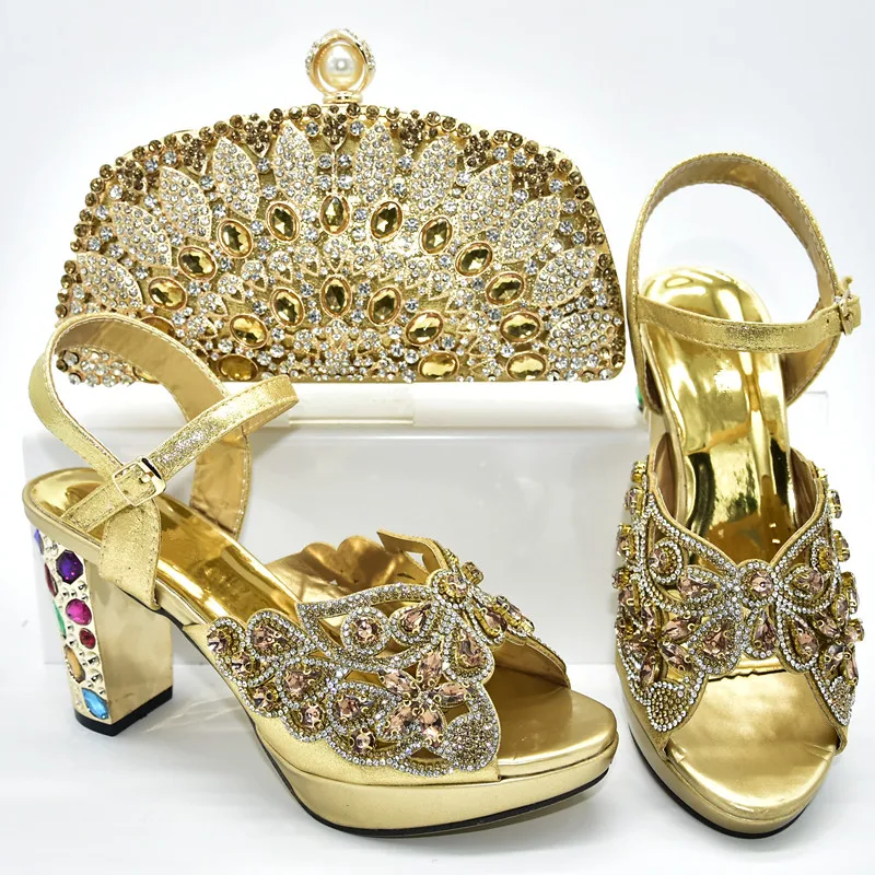 Новейший дизайн; комплект из обуви и сумки в Африканском и итальянском стиле на высоком каблуке; итальянский дизайн; обувь для вечеринки в африканском стиле с сумочкой; женская обувь на высоком каблуке - Цвет: Золотой