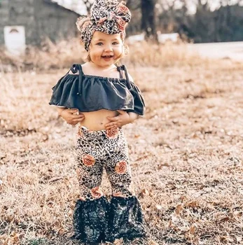 

3-piece Children Outfit Girls Adjustable Spaghetti Strap Tank Top Rose Print Sequin Flared Trousers Bow Headband