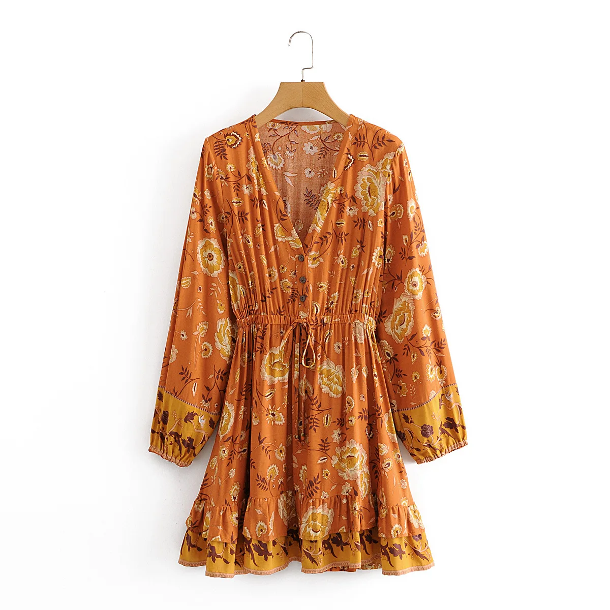 

Viintage Print Boho Dresss Women Autumn Rayon Long Sleeve Loose Mini Dresses for Women Bohemian V-neck Ruffle Party Dress