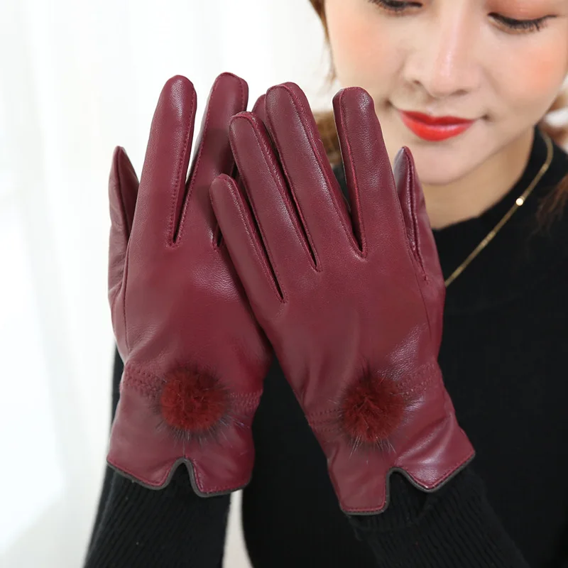 Элегантные женские перчатки из натуральной кожи, овчины, меха норки, женские зимние перчатки с плюшевым толстым бархатом, теплые тонкие перчатки для вождения L61 - Цвет: Wine Red