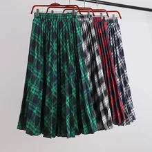 12 зеленая, красная, синяя, хаки, черная, эластичная, высокая талия, миди, плиссированная, клетчатая юбка для женщин, весенние женские юбки, saia saias