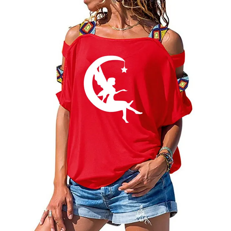 7 Женская одежда, Moon Fairy-Crescent Moon Tee, футболка со звездами, Женский Топ с коротким рукавом, женская сексуальная открытая футболка с открытыми плечами - Цвет: 7