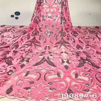 

African Velvet Lace Fabric With Sequins Nigerian French Velvet Lace Fabric High Quality Sequined Velvet For Wedding Dress Pink