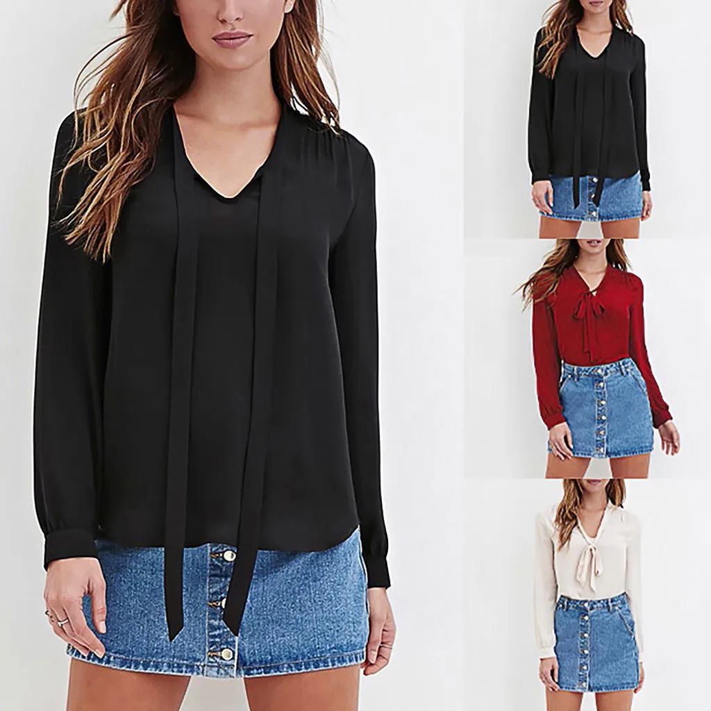 

Office Work Blouse Women's Bow Tie Neck Shirt Long Sleeve Casual Shirts Tops Large Size Ladies Solid Fashion Daliy Wear S-6XL