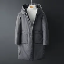 Мужская русская зимняя ветрозащитная Толстая теплая куртка на молнии с капюшоном и холодным пухом белого утиного пуха черная серая длинная пуховая парка верхняя одежда пальто